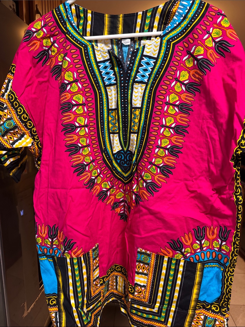 Vibrant Pink Dashiki Tunic with Multicolor Tribal Print